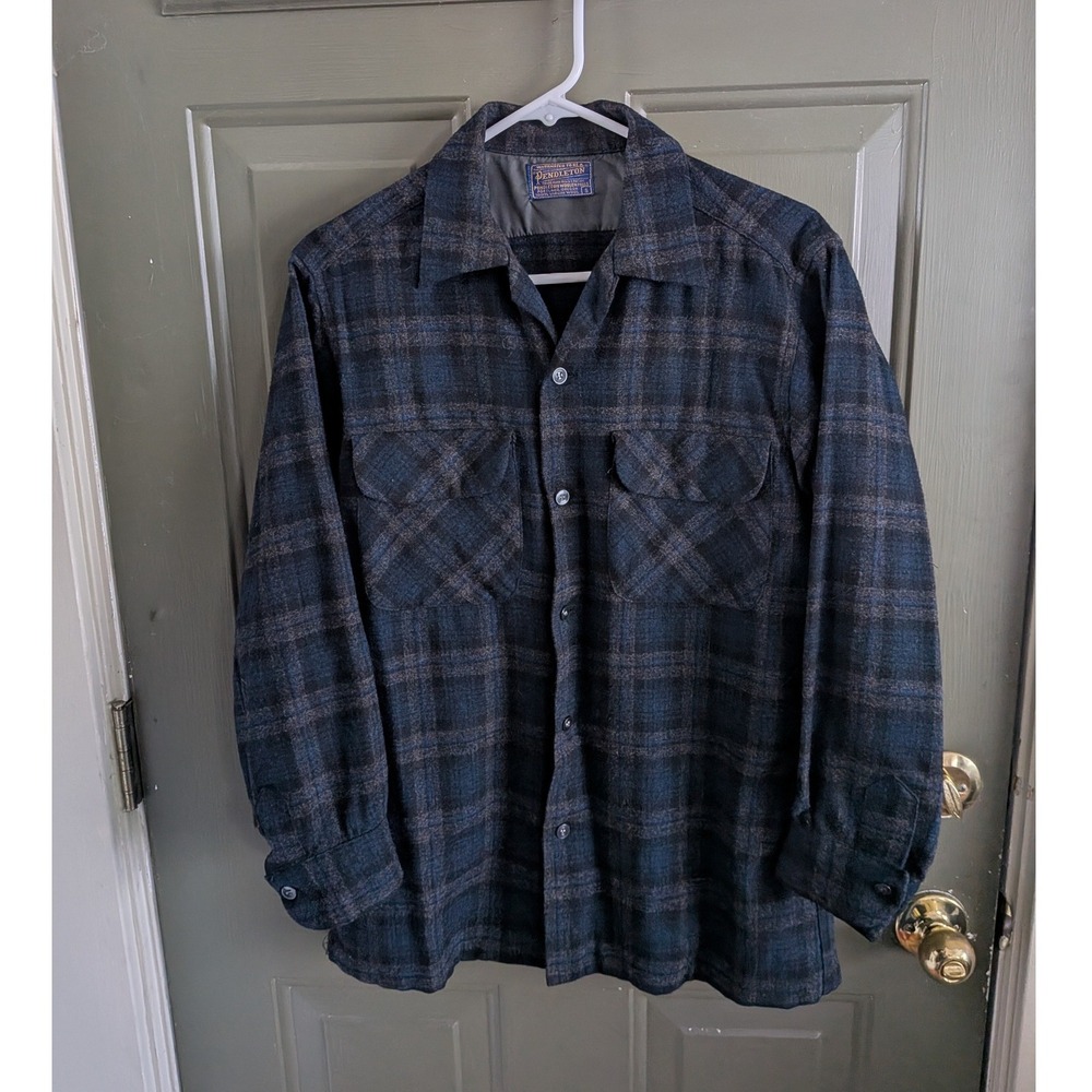Vtg 60s Pendleton Wool Board Shirt Blue Black Plaid Loop Collar USA Men's Small